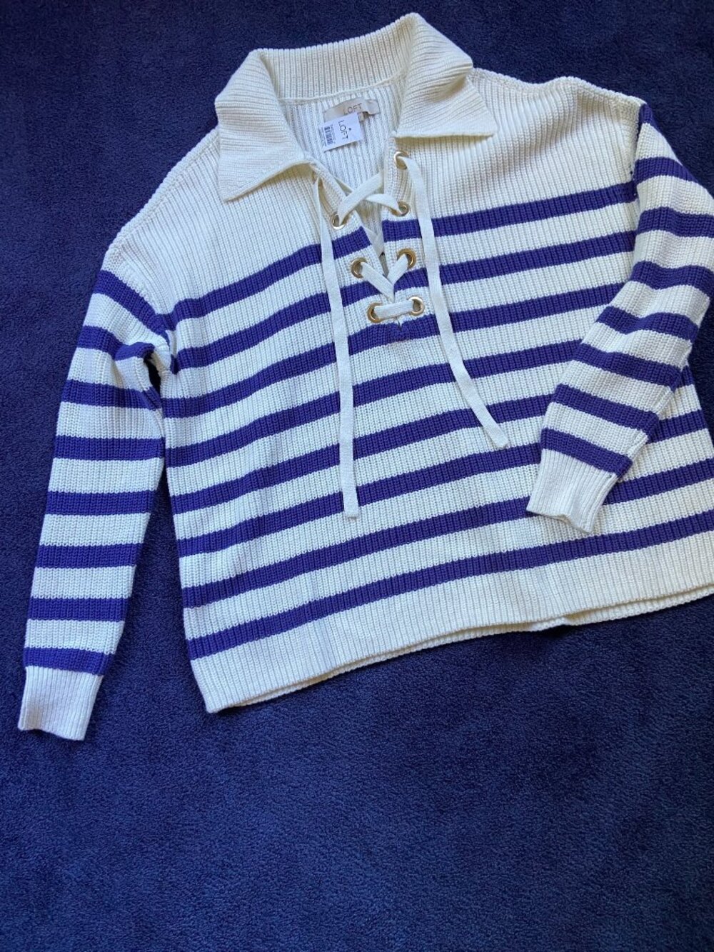 NWT LOFT Striped Lace Up Collared Sweater Sz M
